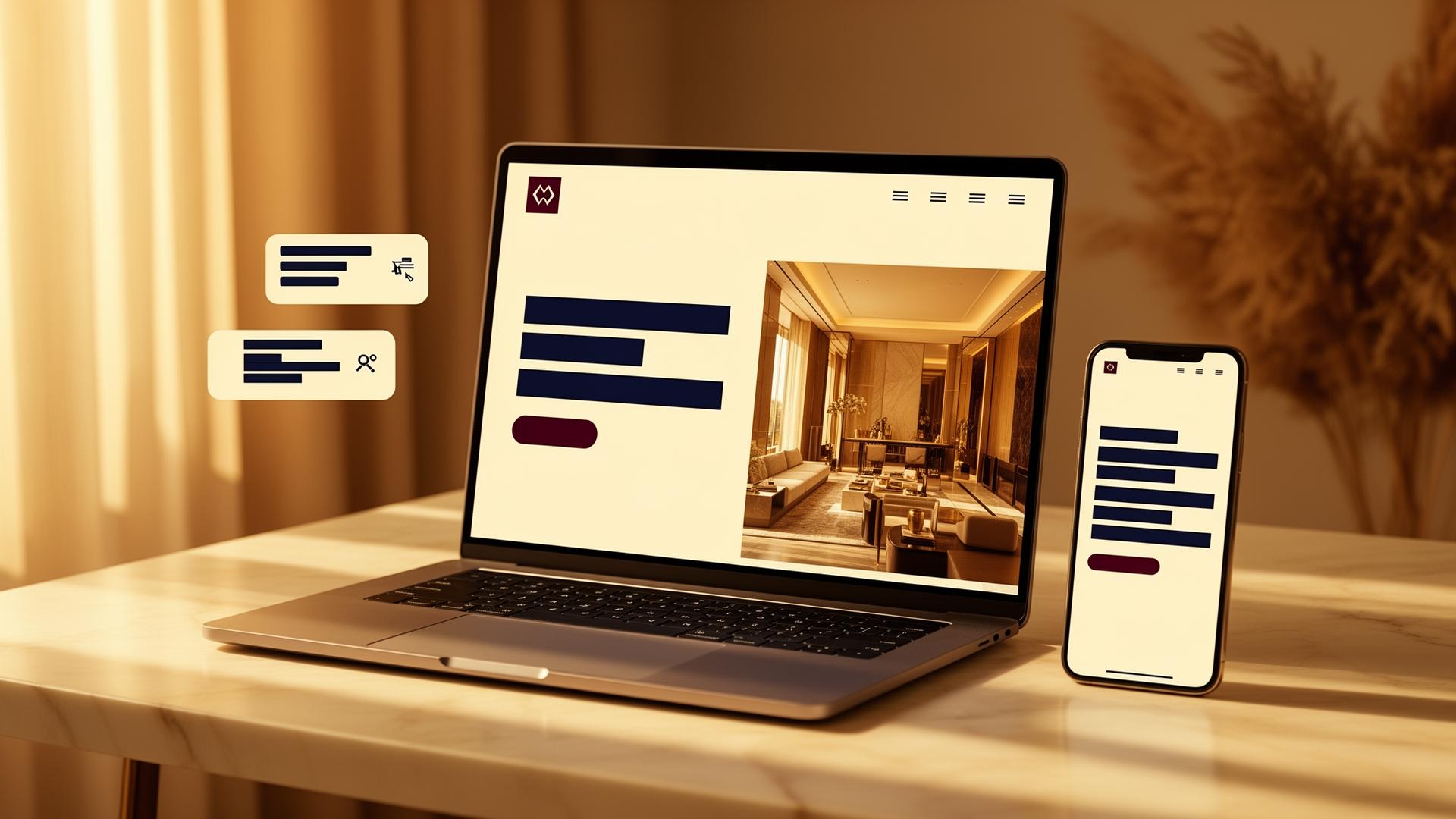 Laptop en smartphone met professionele Webdex website mockup op warme ivory desk